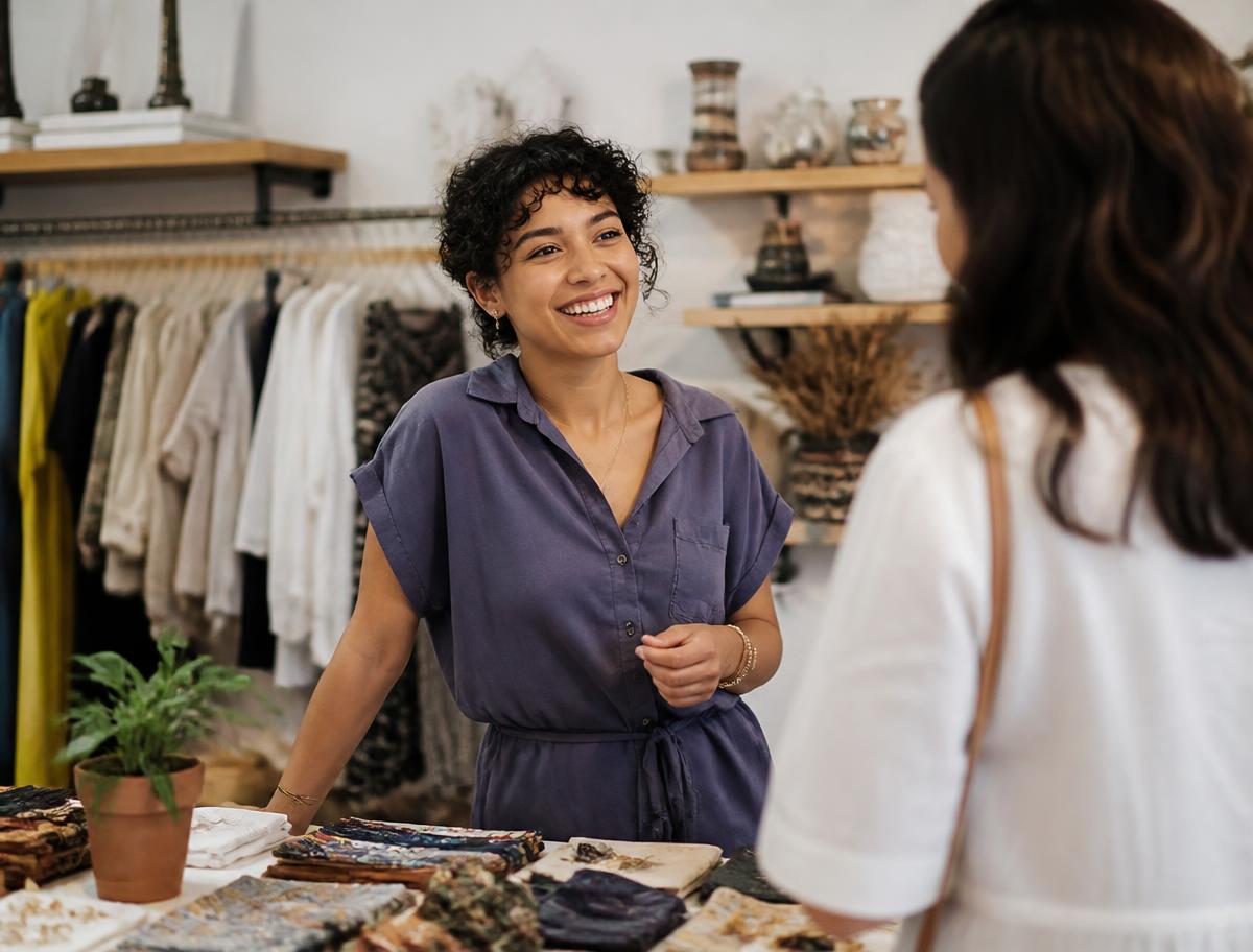 A small business owner talking with a customer in her boutique shop