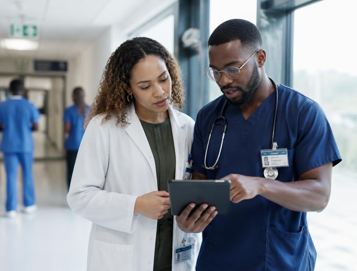 A physician and a nurse reviewing patient information on a tablet in a hospital corridor