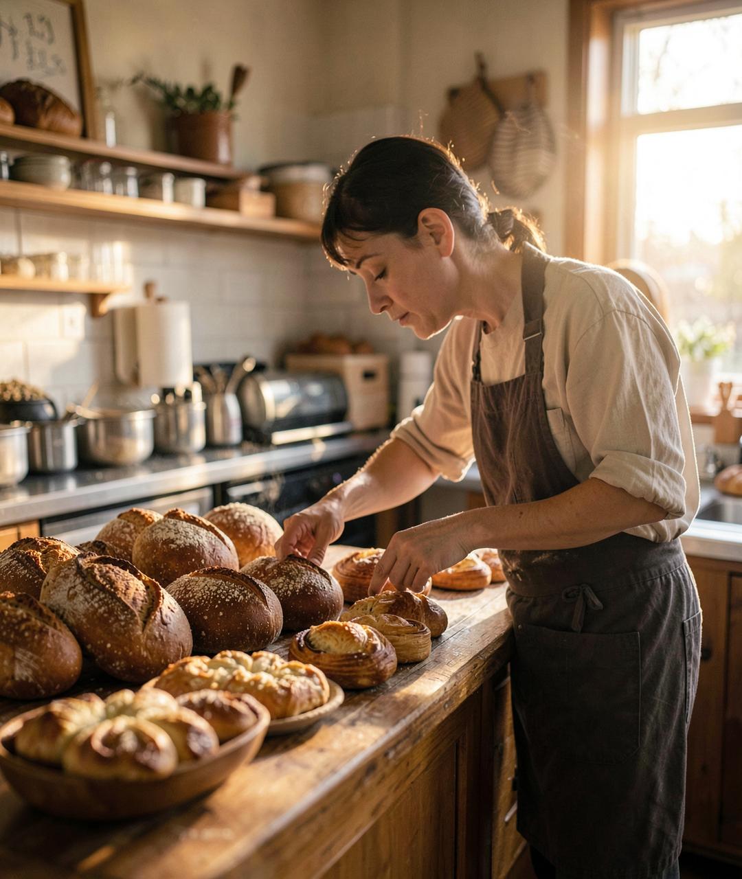 A baker arranging gourmet gluten-free breads and breakfast pastries in a sunlit bakery kitchen